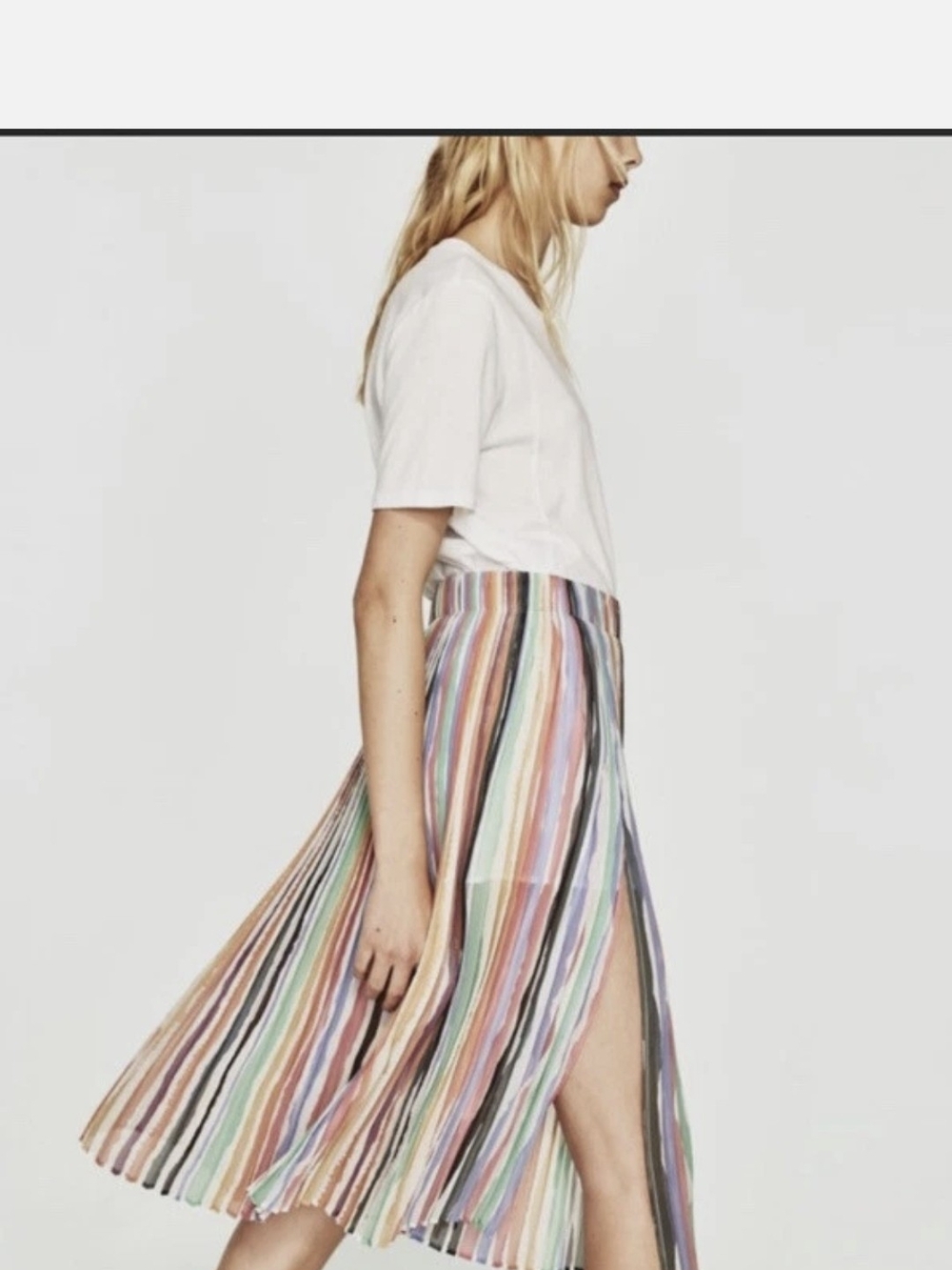 Zara Pastel Multi-Striped Pleated Midi Skirt